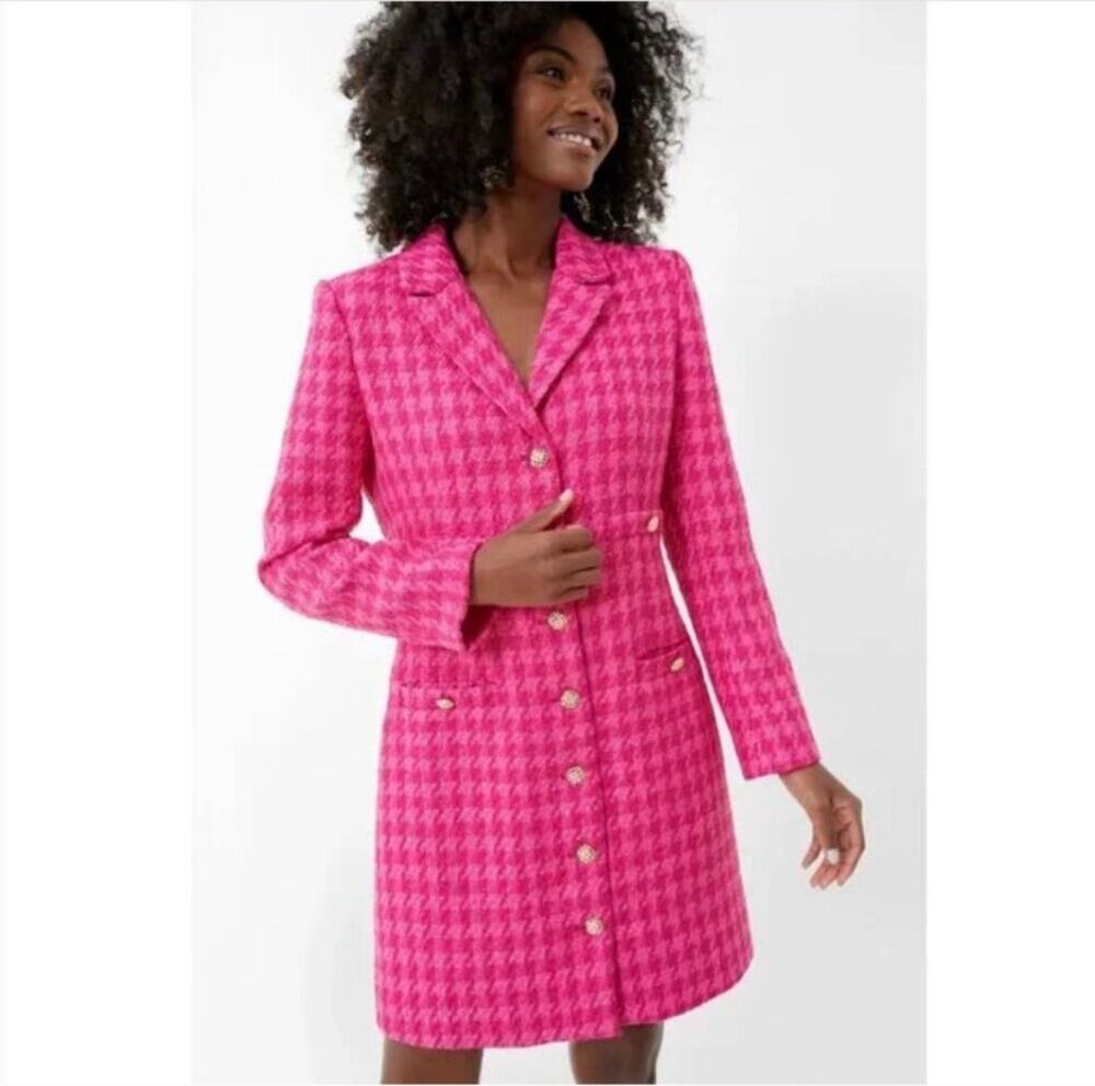 Pomander Place Stacie Pink Houndstooth Tweed Dress Preppy Classic Size Large